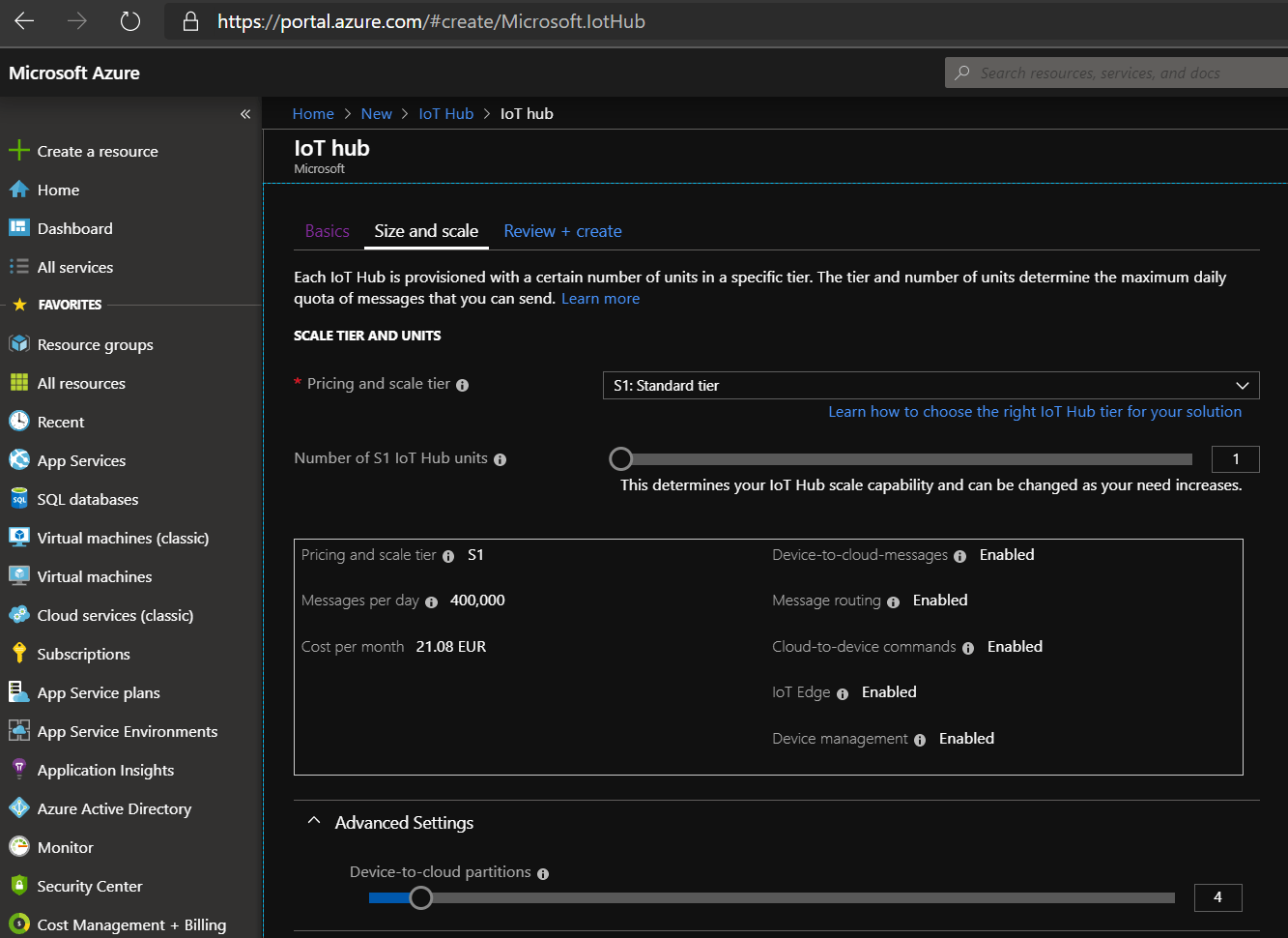 Azure IoT Hub - Create Standard Sizing