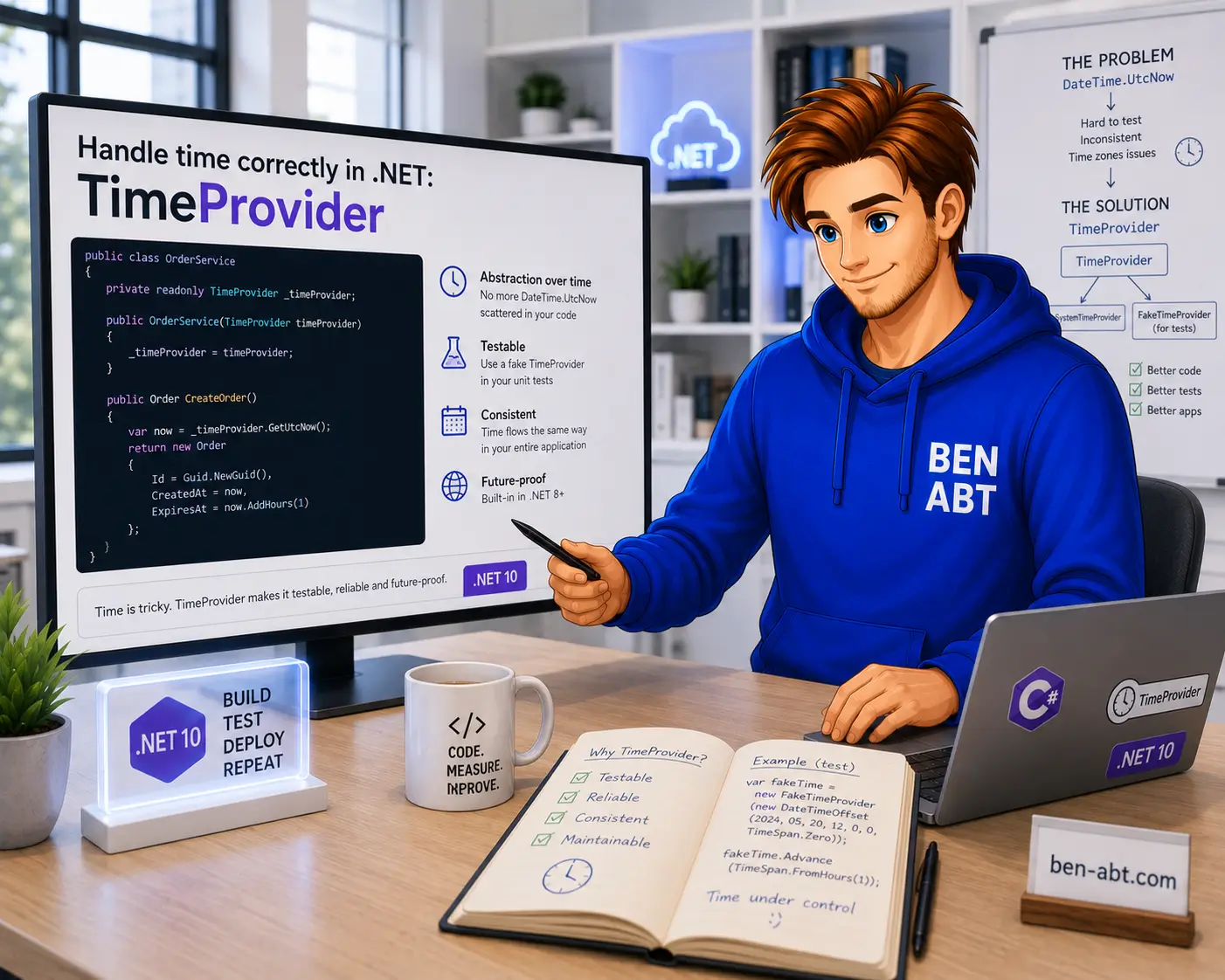 Handle time correctly in .NET: TimeProvider